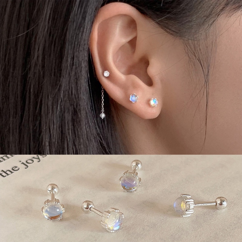 S925 Silver Moonstone Stud Earrings for Women Twist Screw Hypoallergenic Ear Jewelry