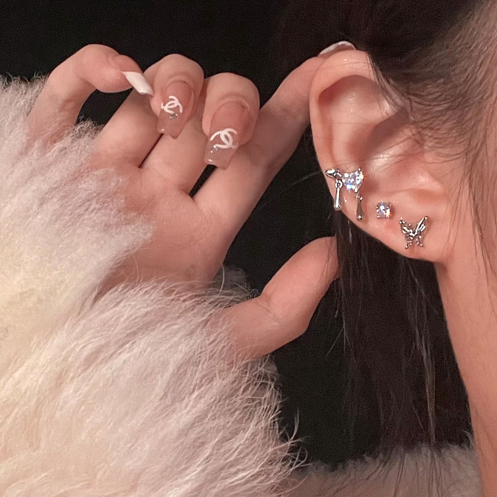 6pcs/set Anting Tusuk Silver Set Untuk Wanita Zirkon Hati Cair Butterfly Earing Aksesoris Perhiasan