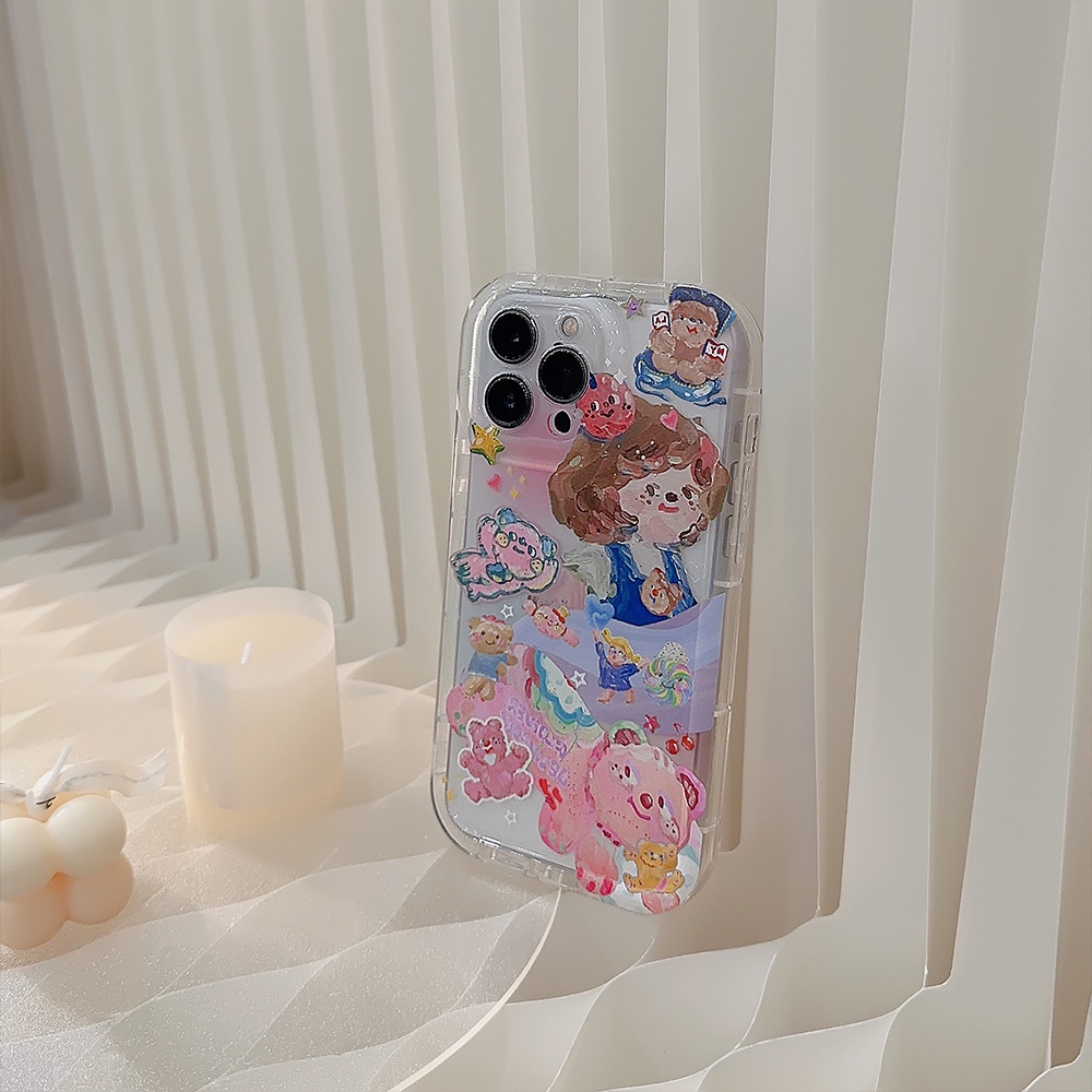IPHONE Ins Lukisan Cat Minyak Beruang Lucu Gadis Pesta Kartun Silikon Case Untuk Iphone14 11 12 13 PRO MAX Casing Cover Pelindung AT0108