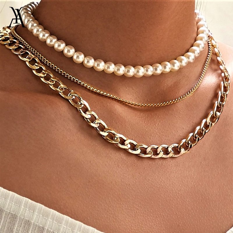 AY(CN) Kalung Choker Rantai Multilayer Warna Emas Aksen Mutiara Gaya Retro Elegan Untuk Wanita