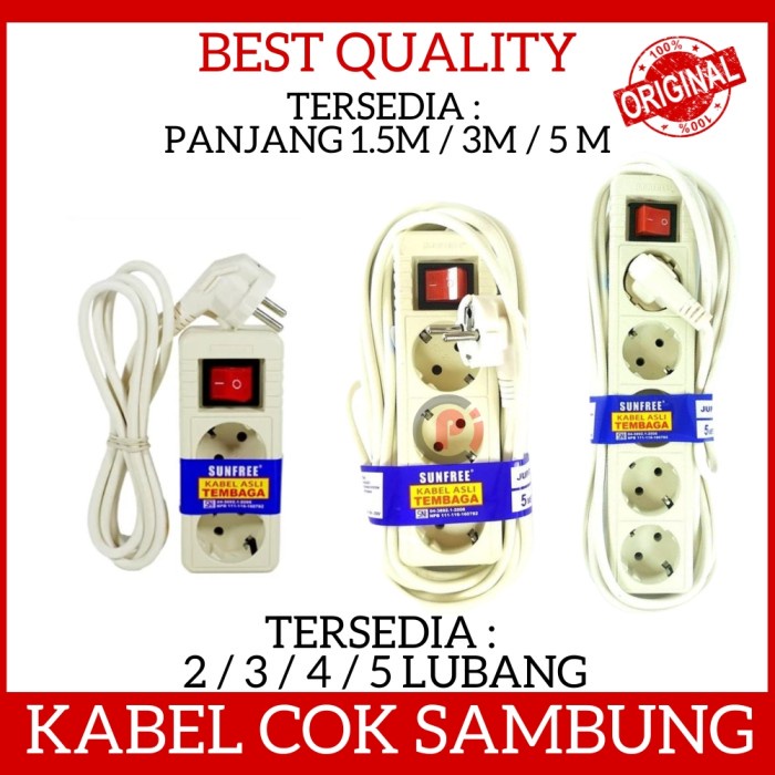 SUNFREE Cok Sambung Stop Kontak + Saklar 2 3 4 5 Lubang Plus Kabel