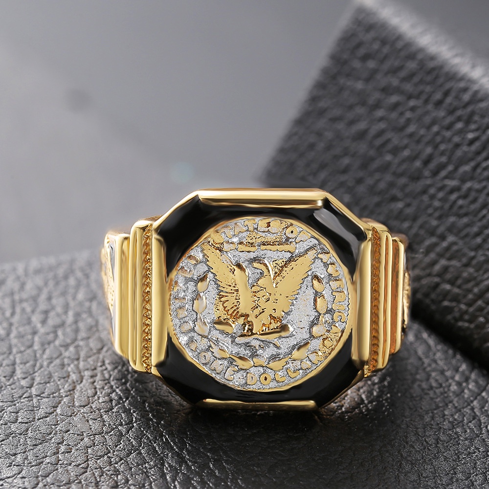 Goldkingdom Aksesoris Perhiasan Fashion Ready Stock Perak Raja Cincin American Eagle Dollar Lapis Emas Asli Kadar 375 Dua Warna Pria &amp;#Cincin039; s