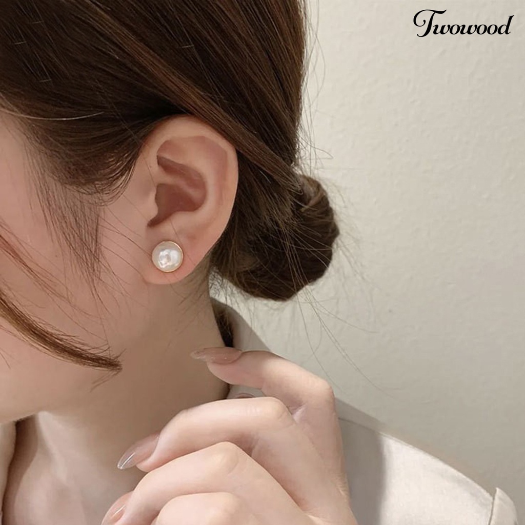 Twowood 1pasang Anting Klip Tanpa Lubang Telinga Mutiara Imitasi Kuat Tidak Sakit Memakai Electroplating Ear Ornament Fade-Proof ic Ear Clip Stud Earrings Aksesoris Pakaian