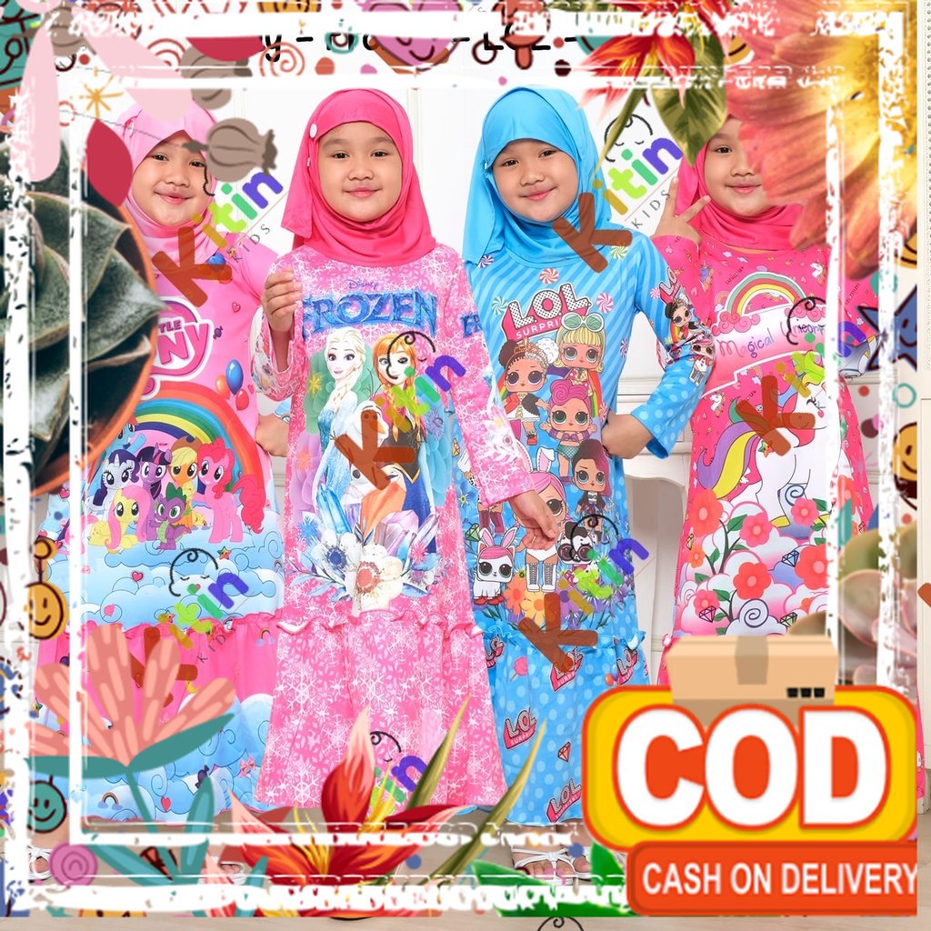 LY - GAMIS ANAK OVERALL PRINTING SET HIJAB 2-10 TAHUN/ BAJU MUSLIM NGAJI ANAK PEREMPUAN MOTIF FROZEN