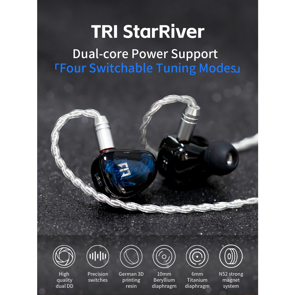 Tri Star River 2DD In-ear Monitor 2Pin Earphone Kabel Dengan Tuning Switch HiFi Headphone Olahraga Lari Earbud Musik DJ Headset