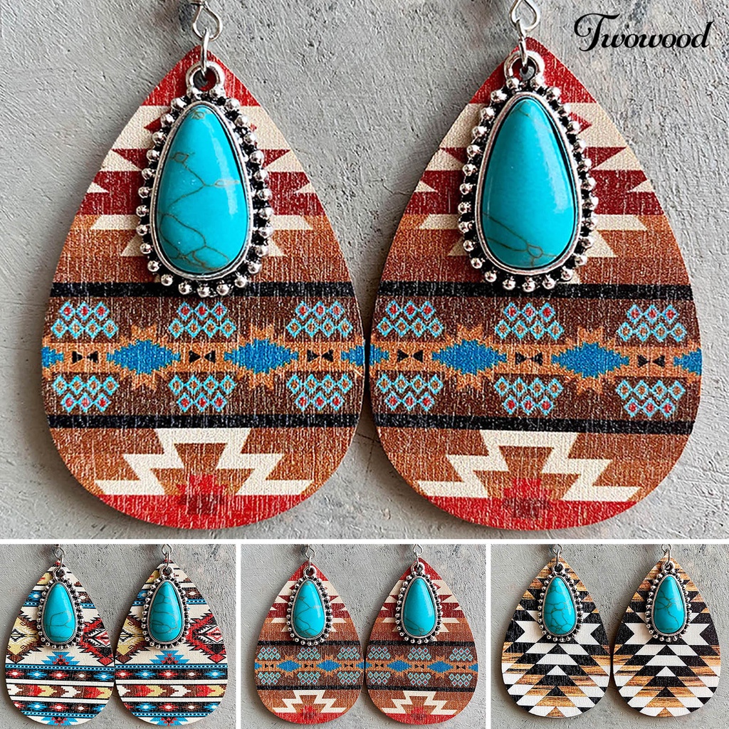 Twowood 1pasang Menjuntai Anting Bohemian Retro Gaya Etnik Imitasi Turquoise Pola Aztec Berdandan Hadiah Wanita Tetesan Air Liontin Anting Boho Perhiasan