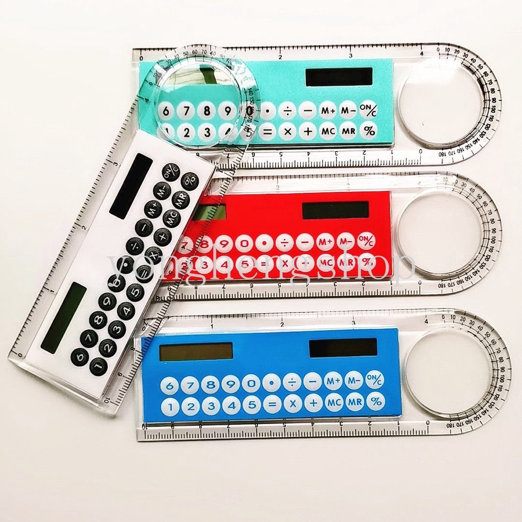 Kreatif 3in1 Penggaris Kartu Surya Dengan Kaca Pembesar Mini Portable Kalkulator Penggaris Sudut Hadiah Anak Sekolah Kantor Supply Alat Tulis Siswa Alat Tulis Matematika