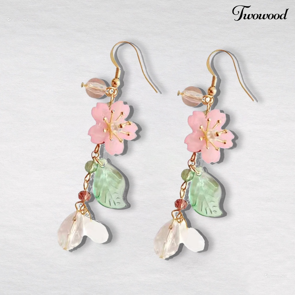 Twowood 1pasang Ladies Earrings Unik Chic Semua Pertandingan Panjang Elegan Hias Logam Bunga Sakura Menjuntai Anting Hadiah