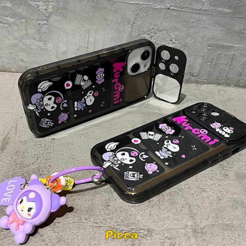 IPHONE Kreatif Flip Make Up Cermin Kartun Indah Kuromi Silicon Phone Case Kompatibel Untuk Iphone11Xr 12 13 14 Pro MAX 7 8 14 Plus X XS MAX SE Lucu Lembut TPU Shockproof Case