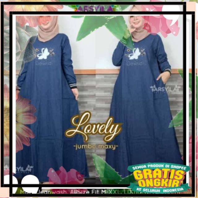 Gamis terbaru jumbo murah lebaran dress jeans big size  ld116-pb135 busana muslim wanita kekinian / 