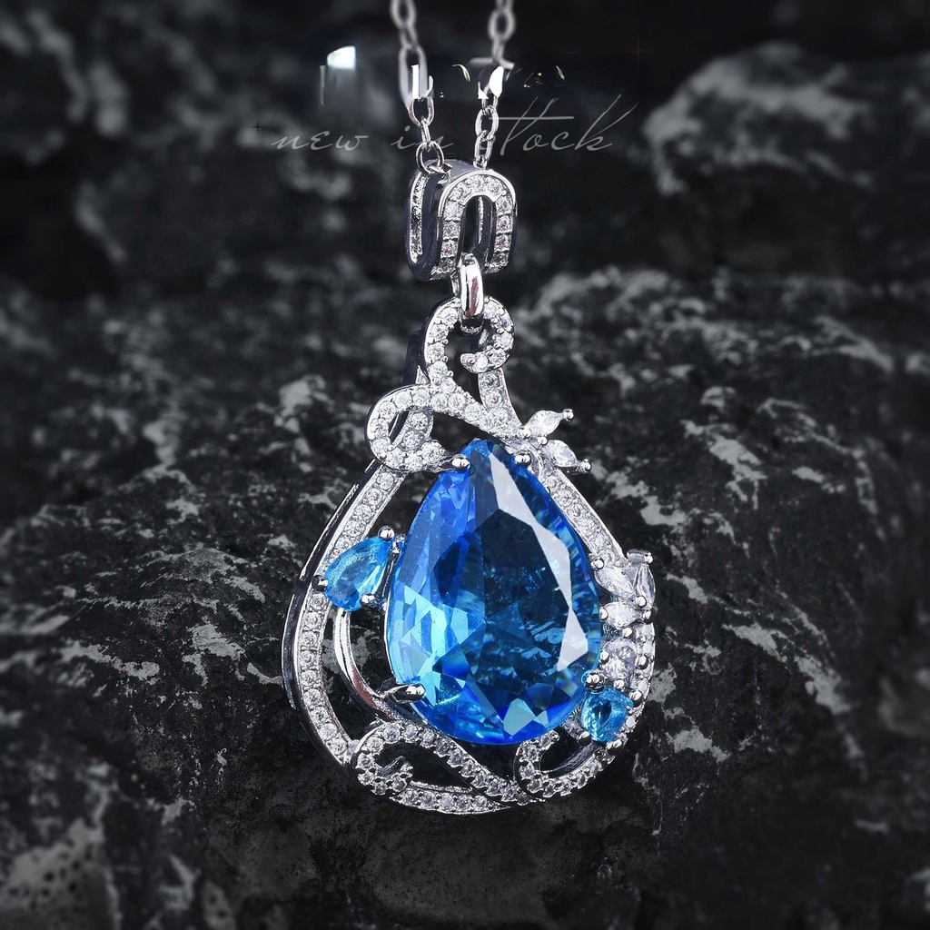 Goldkingdom Fashion Perhiasan Aksesoris Ready StockNew Mewah Full Berlian Bertatahkan Dengan Topaz Biru Swiss Tetesan Air Berbentuk Pir Kalung Karat Besar Imitasi Aquamarine Liontin