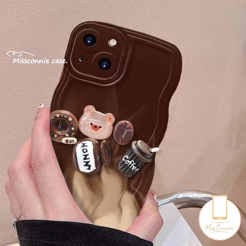 IPHONE Case Beruang Mainan Kartun Lucu 3D Kompatibel Untuk Iphone11Xr 78 Plus 13 12 14 11 Pro Max X XS Max 6s 6 14 Plus SE 2020 Donat Kopi Coklat Gradasi Wavy Edge Soft TPU Cover