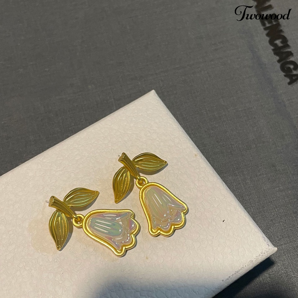 Twowood 1pasang Drop Earrings Golden Leaves Elegan Medieval Peri Bunga Wanita Stud Earrings Fashion Jewelry