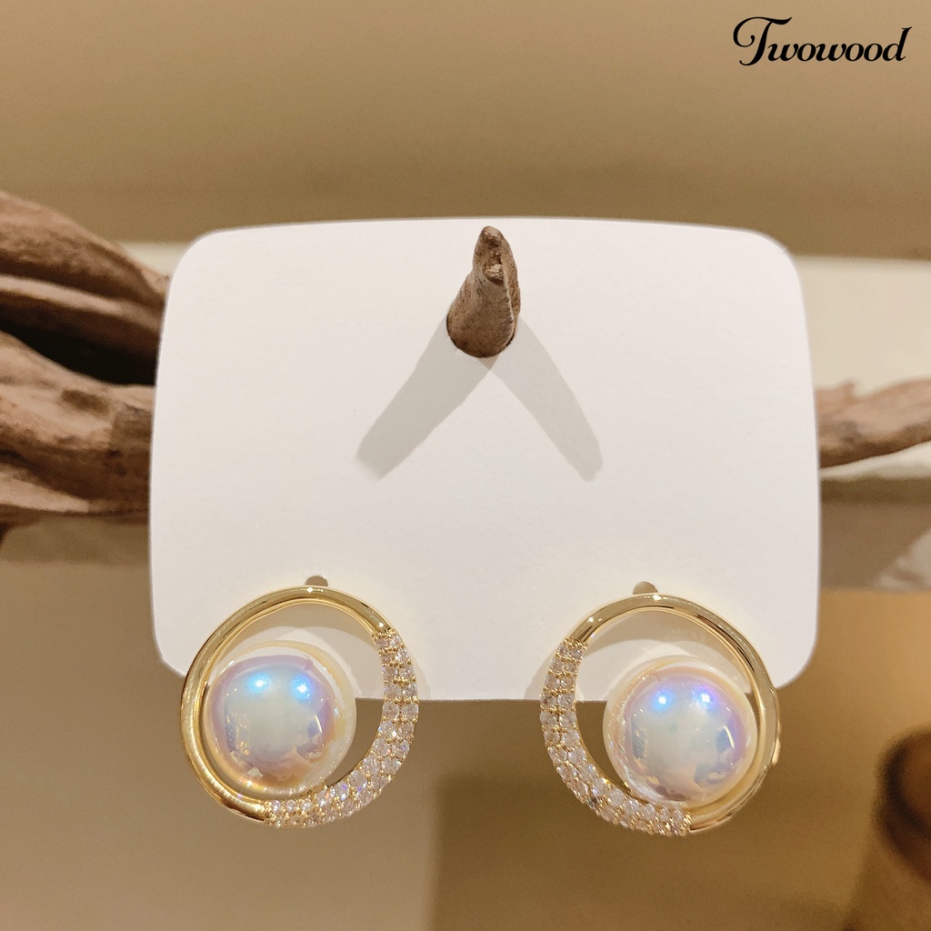 Twowood 1pasang Anting Hoop Glitter Bulat Telinga Dekorasi Elegan Temperamen Mutiara Imitasi Berlian Imitasi Ear Studs Untuk Perjamuan