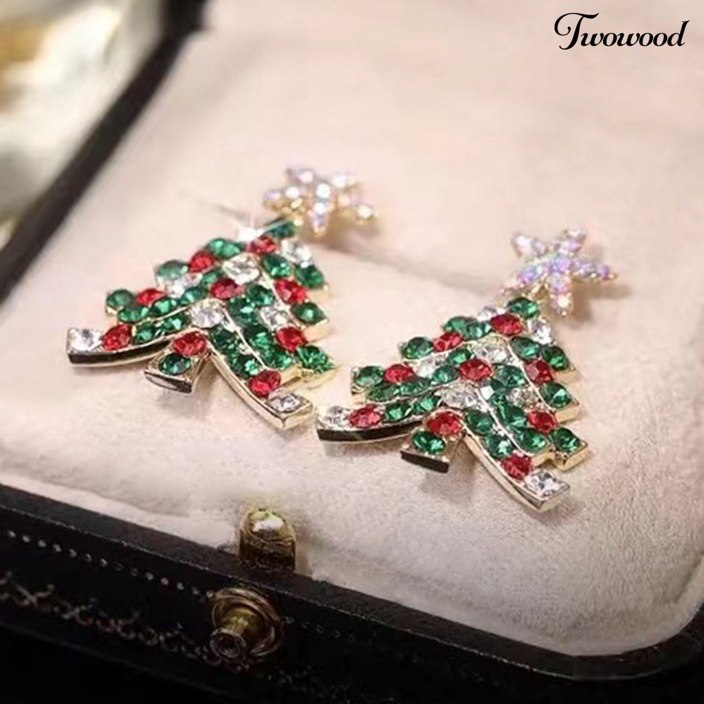 Twowood 1pasang Wanita Anting Natal High-end Mengkilap Cubic Zirconia Bentuk Pohon Natal Stainless Kaya Warna Menghias Telinga Indah Bentuk Bunga Lady Gantung Anting