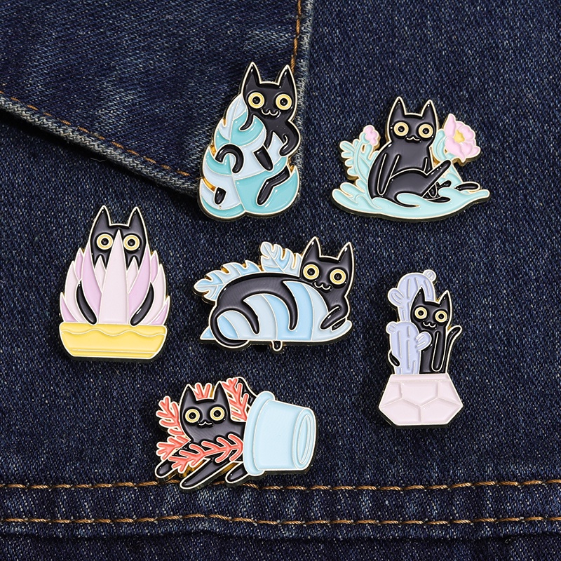 Lucu Kucing Hitam Enamel Pin Pot Tanaman Kucing Bros Lencana Kerah Pin Kartun Hewan Perhiasan Ransel Lencana Aksesoris Hadiah Untuk Anak-Anak Teman