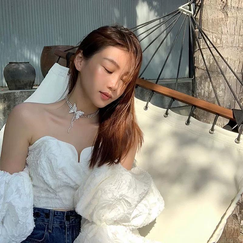 Pesta Berlebihan Penuh Berlian Kupu-Kupu Kalung Pendek lady korea