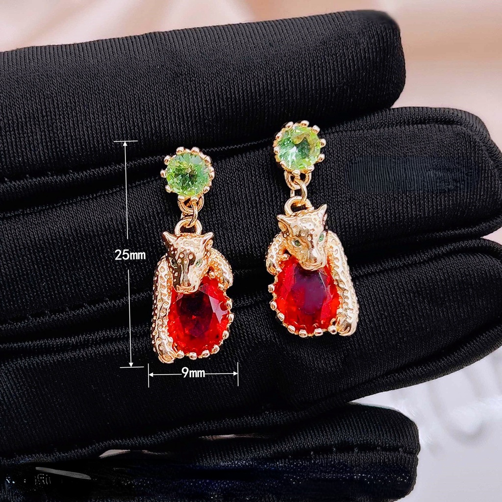 Goldkingdom Fashion Perhiasan Aksesoris Ready Stock Medieval Vintage Merah Berlian Leopard Anting Vintage Peluk Ruby Earrings Anting Panjang