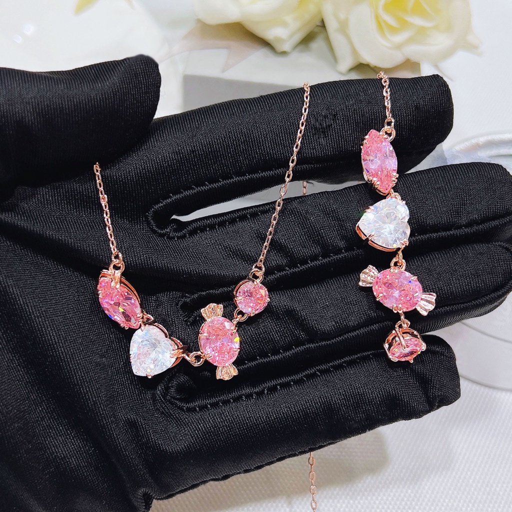 Goldkingdom Aksesoris Perhiasan Fashion Ready Stock Square Candy Earstuds Gelang Kristal Ins Desain Kecil Dan Mewah Kalung Permen Perempuan Rantai Klavikula Merah Muda Berlian Gelang