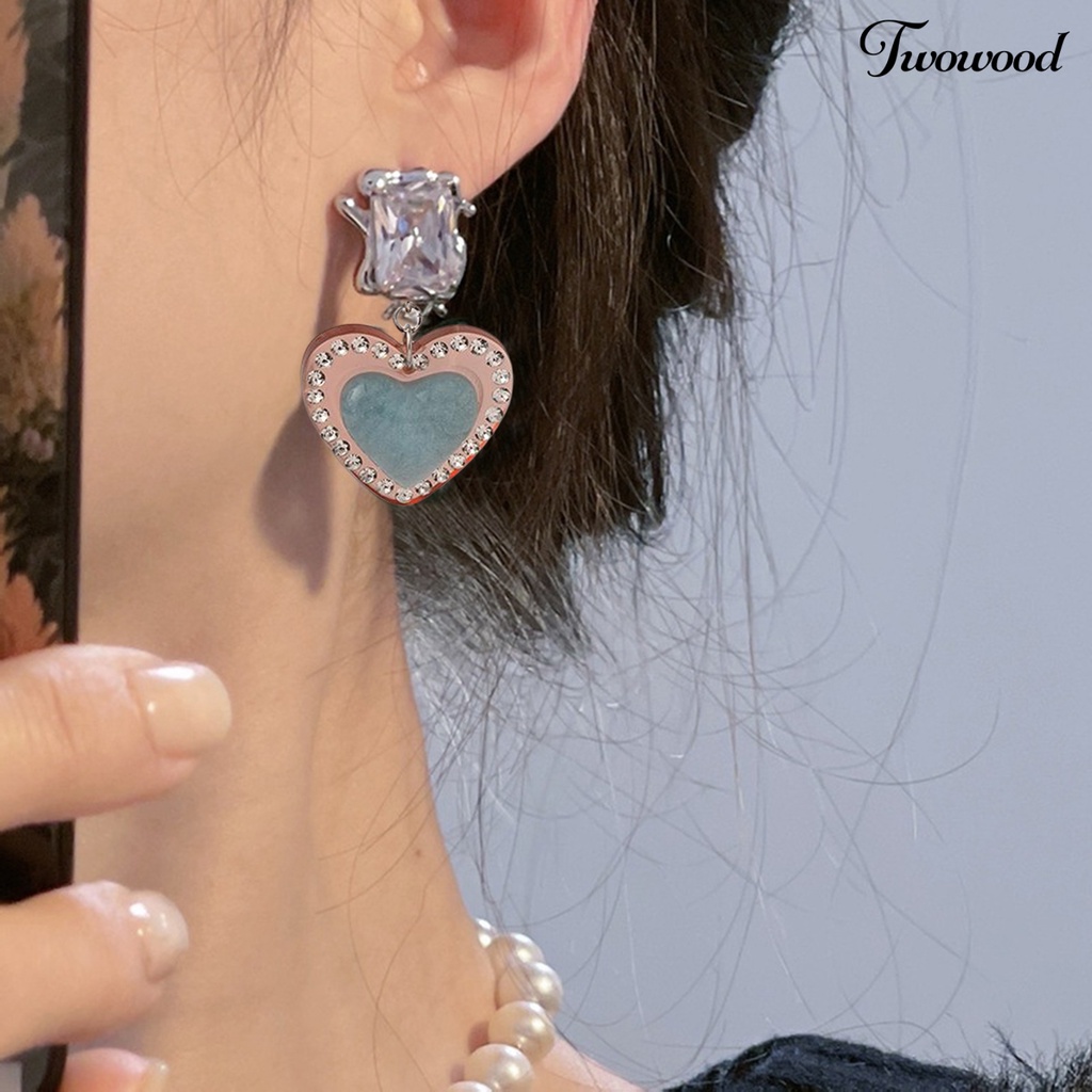 Twowood 1pasang Menjuntai Anting Vintage Romantis Bersinar Cubic Zirconia Hias Geometris Hadiah Wanita Hati Liontin Stud Earrings Pesona Perhiasan Untuk Pacaran