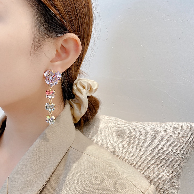 Korea Light Luxury Love Tassel Senior Long Color Diamond Earrings Female