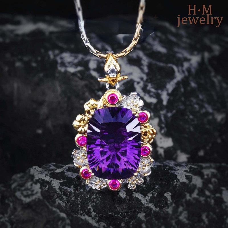 Kalung Emas Ukir Anyaman Lemon Crystal Pendant Amethyst Ornament