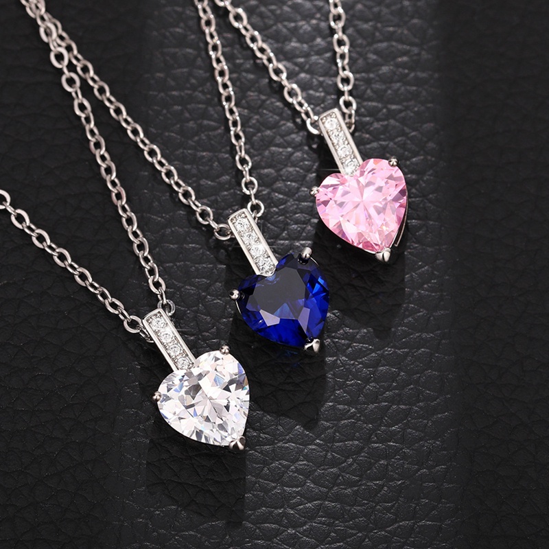 Kalung Liontin Cubic Zirconia Pink Biru Putih Hati Untuk Wanita Pertunangan Pernikahan Trendi Perhiasan Romantis Cinta Necklace