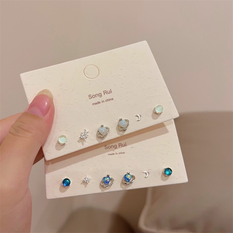 3pasang/set Anting Tusuk Fashion Alloy Berlian Imitasi Hati Bulan Geometris Untuk Wanita