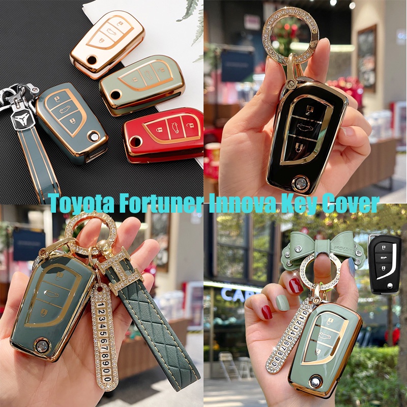 Tpu Desain Tepi Emas Toyota Fortuner Innova Key Cover Remote Mobil Fob Key Case Holder Shell Gantungan Kunci Untuk Toyota Yaris Hilux Vellfire Altis Auris Innova