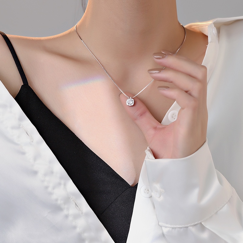 Papaozhu Mewah s925 Perak Bersinar Kristal Persegi Liontin Kalung Untuk Wanita Perempuan Halus Berkilau Zirkon Geometris Kalung Temperamen Leher Perhiasan