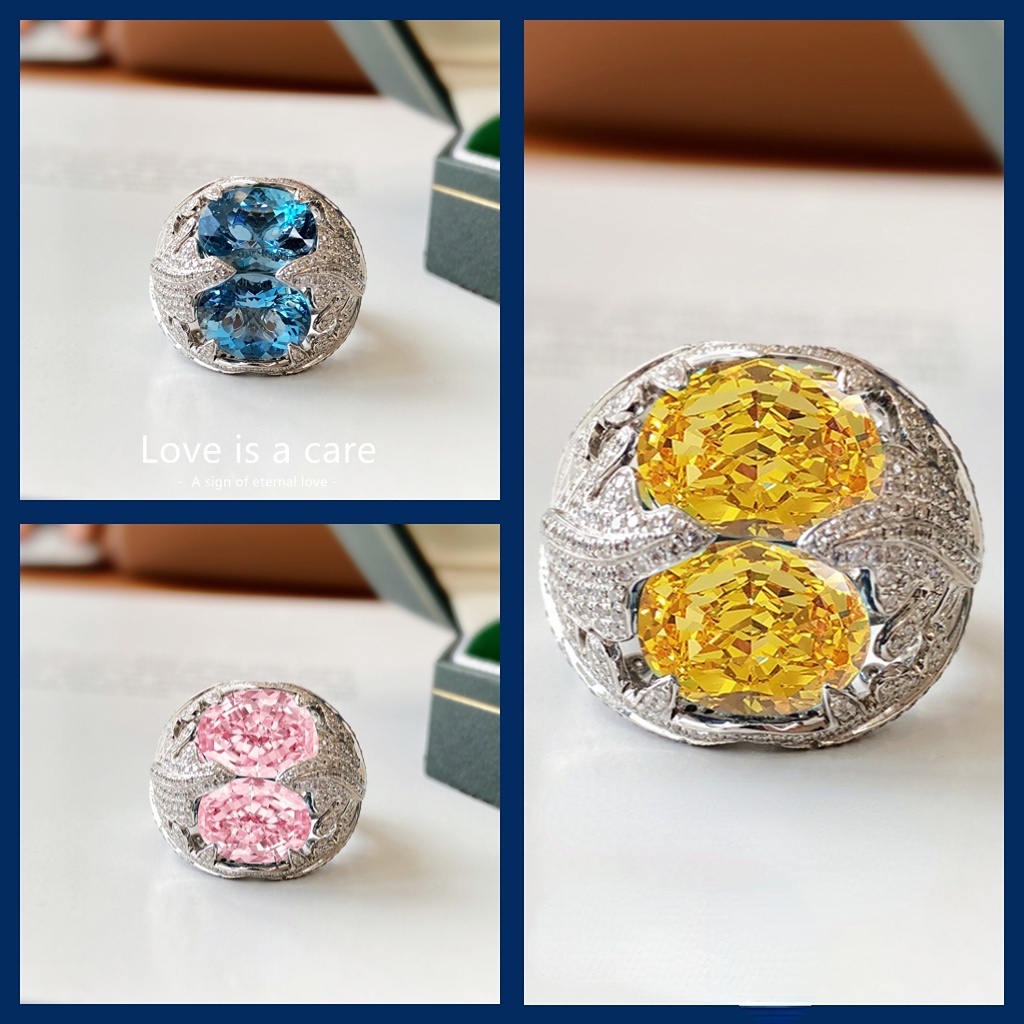 Goldkingdom Aksesoris Perhiasan Fashion Ready Stock Ratu Kuning Berlian Burung Merpati Telur Cincin Yang Dapat Disesuaikan Mewah Set Lengkap Santa Maria Warna Aquamarine Treasure Female Ring