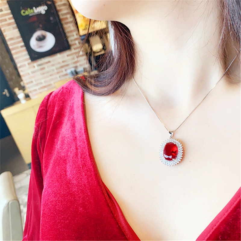 Goldkingdom Aksesoris Perhiasan Fashion Ready Stock Merpati Darah Ruby Kalung Rantai Merah Korundum Garnet Liontin Berlebihan