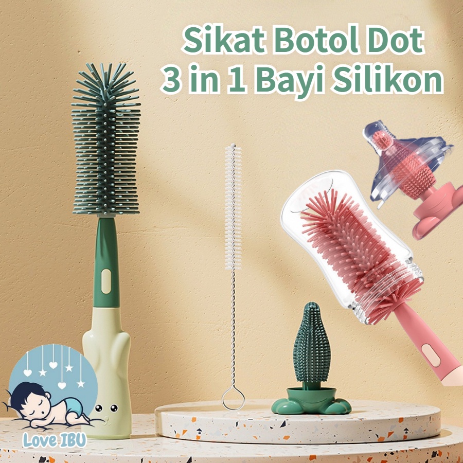 Sikat Botol Susu Bayi Silikon 3in1 dengan Pembersih Dot Empeng-Babi dan Sedotan, Mudah Bersihkan Botol Susu Bayi dengan Sikat yang Dapat Dilipat