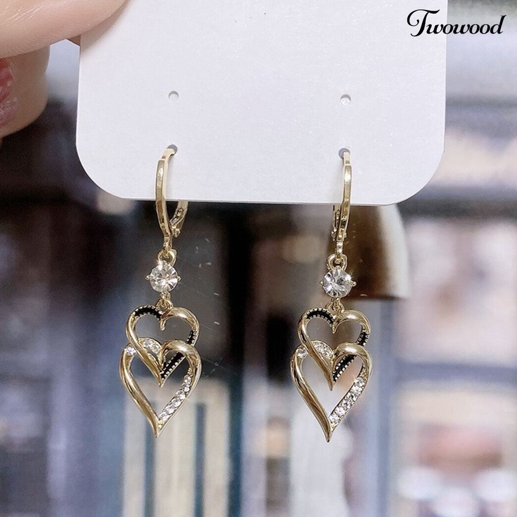 Twowood 1pasang Anting Menjuntai Retro Korea Gaya Double-layers Cinta Hati Berkilau Berlian Imitasi Drop Earrings Fashion Jewelry