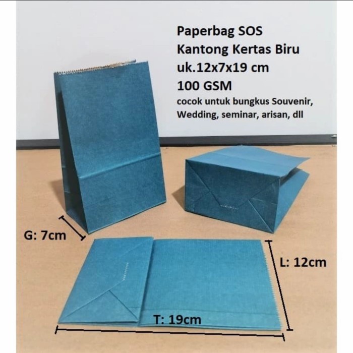 

⭐BISA COD⭐ Paper Bag Kantong Kertas SOS Biru (M) 12x7x19 cm isi 100 pcs