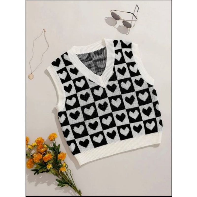 Rompi Wanita Rajut Knit Vest Motif Love