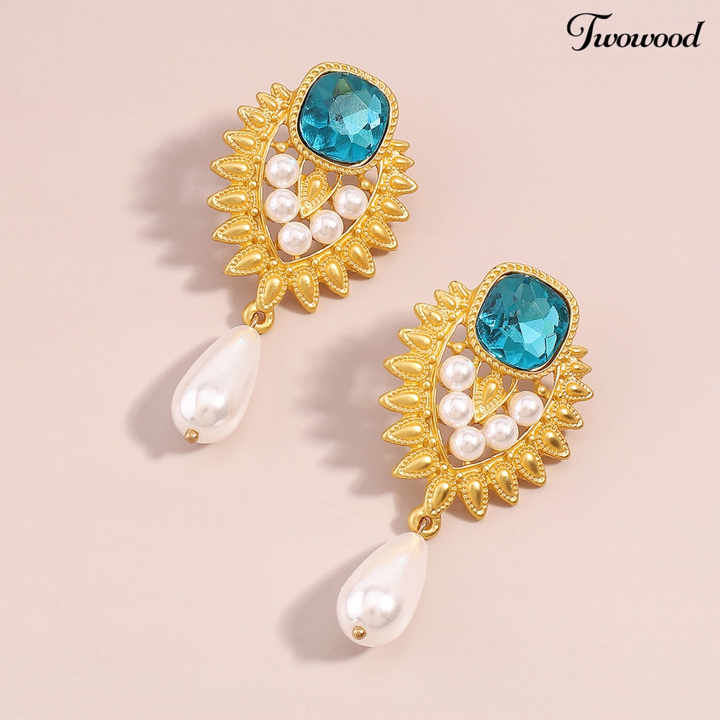 Twowood 1pasang Anting Pejantan Gaya Perancis Berlian Imitasi Biru Retro Medieval Elegan Faux Pearl Drop Earrings Fashion Jewelry