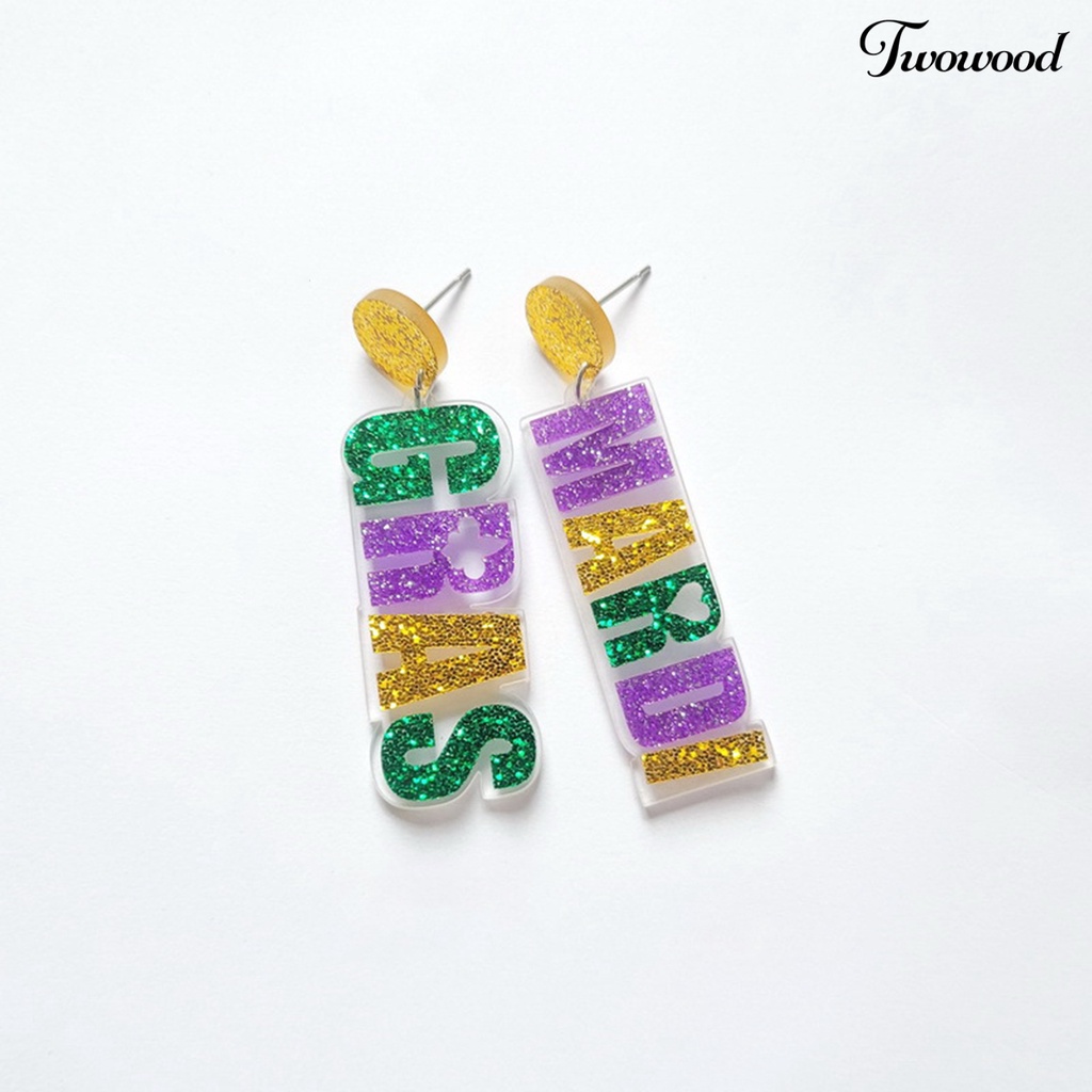 Twowood 1pasang Menjuntai Anting-Anting Pribadi Bubuk Kilau Alfabet Pesona Geometris Pengerjaan Halus Dekorasi Telinga Warna-Warni Berlebihan Surat Tiga Warna Glitter Anting-Anting