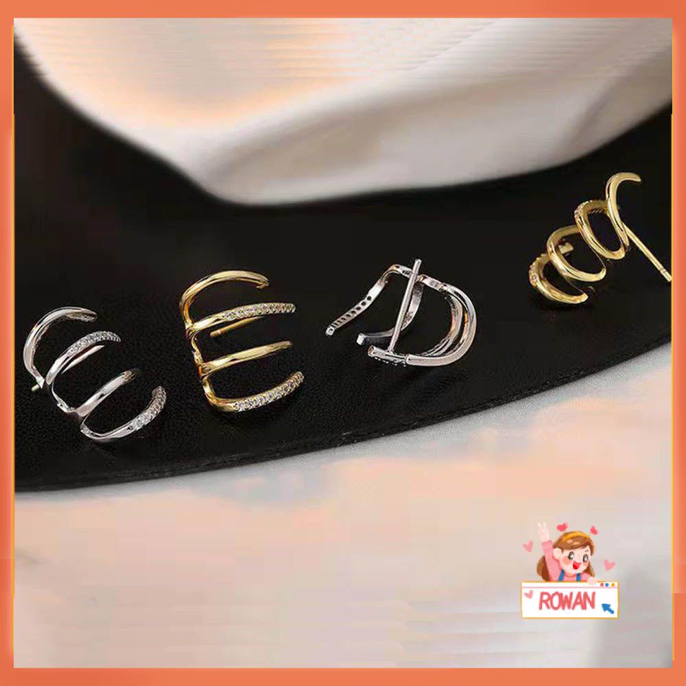 R-flower Stud Earrings Simple S925 Needle Anting Empat Baris Untuk Wanita Berlian Imitasi