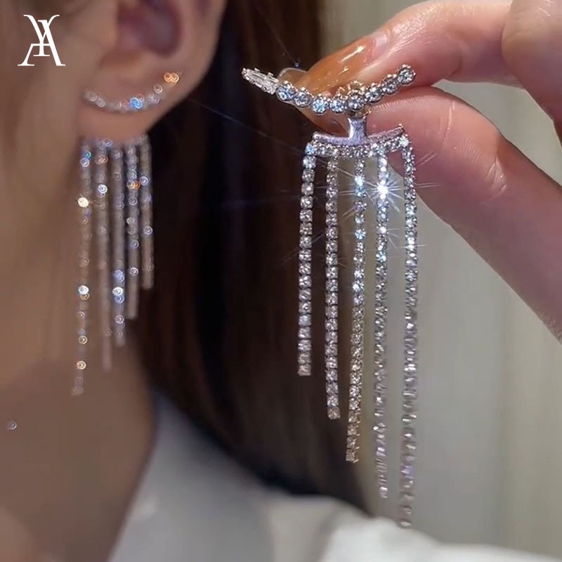 AY(CN) Anting Tusuk Kristal Berkilau Korea Rumbai Silver Earring Untuk Aksesoris Perhiasan Wanita