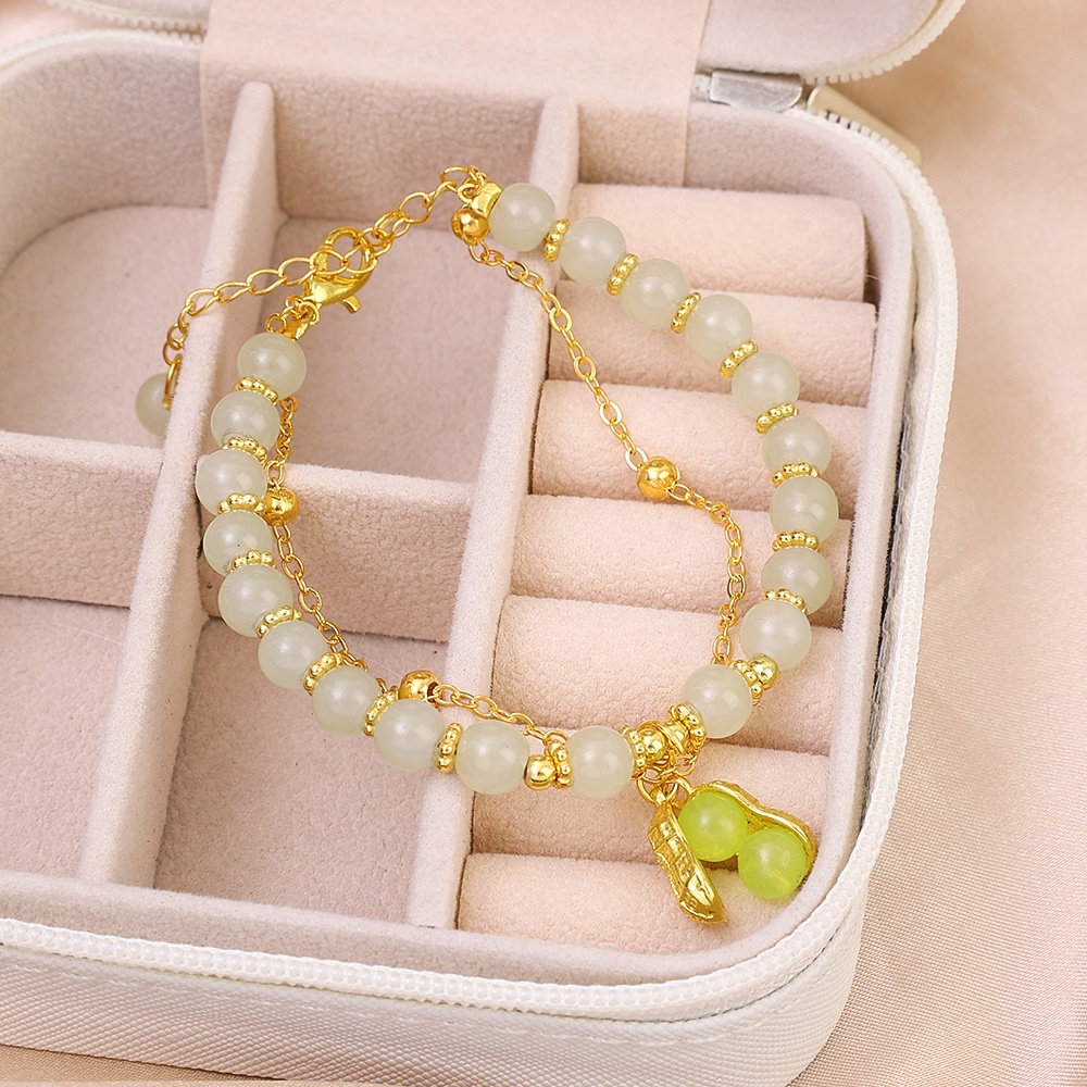 Goodwill Peanut Double-Chain Gelang Ditiru Hetian Jade Beads Warna Emas Peanut Pendant Bracelet Perempuan Elegan Retro Perhiasan Gaya Cina Aksesoris