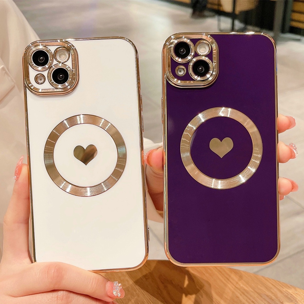 IPHONE Plating Cinta Hati Untuk Mag Magnetic Wireless Charge Case Untuk Iphone14 13 12 11 Pro Max XR X XS 78 Plus SE3 Lembut Penutup Belakang