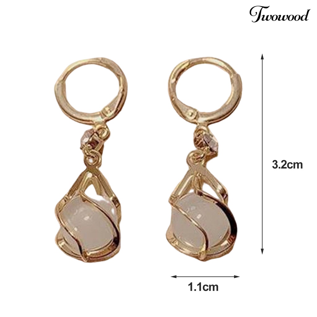 Twowood 1pasang Drop Anting Berongga Keluar Panjang Rumbai Shiny Berlian Imitasi Bertatahkan Berkilau Hias Hadiah Wanita Bulat Faux Opal Pendant Hoop Earrings Fashion Perhiasan