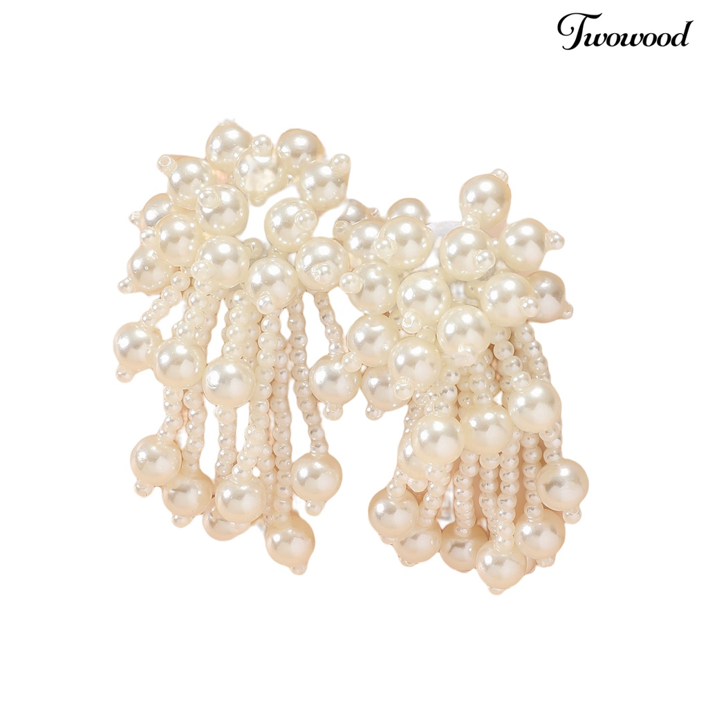 Twowood 1pasang Anting Menjuntai Kepribadian Berlebihan Multi-layer Berlapis Faux Pearl Ear Stud Anting Rumbai Aksesoris Fashion