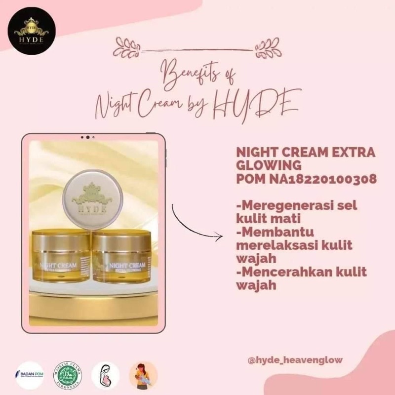 Night Cream Glowing Hyde Beauty Skincare Original Cream malem Hyde Hayde Beauty Skincare Pemutih Pencerah Wajah Glowing Flek Hitam Jerawat Acne BPOM Distributor Hyde Lampung Jakarta Metro