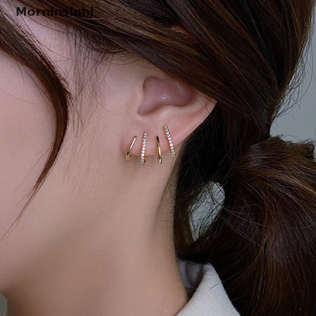 Mornin Berlian Imitasi Empat Cakar Baris Anting Perempuan Sederhana Korea Shiny Earrings Party id