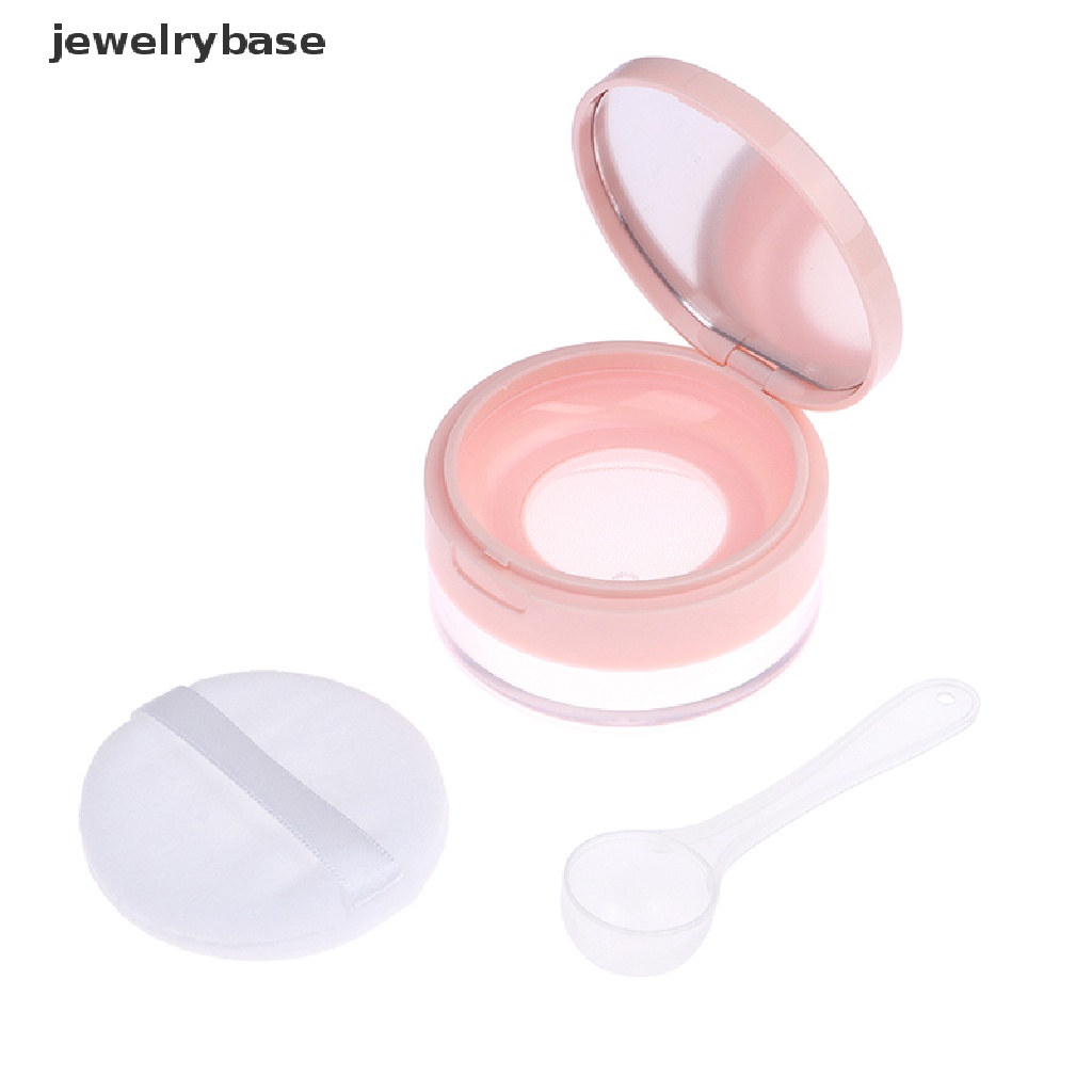 [jewelrybase] Kotak Puff Plastik Portabel Kosong Longgar Powdering Pot Dengan Cermin Saringan Dengan Sendok Butik