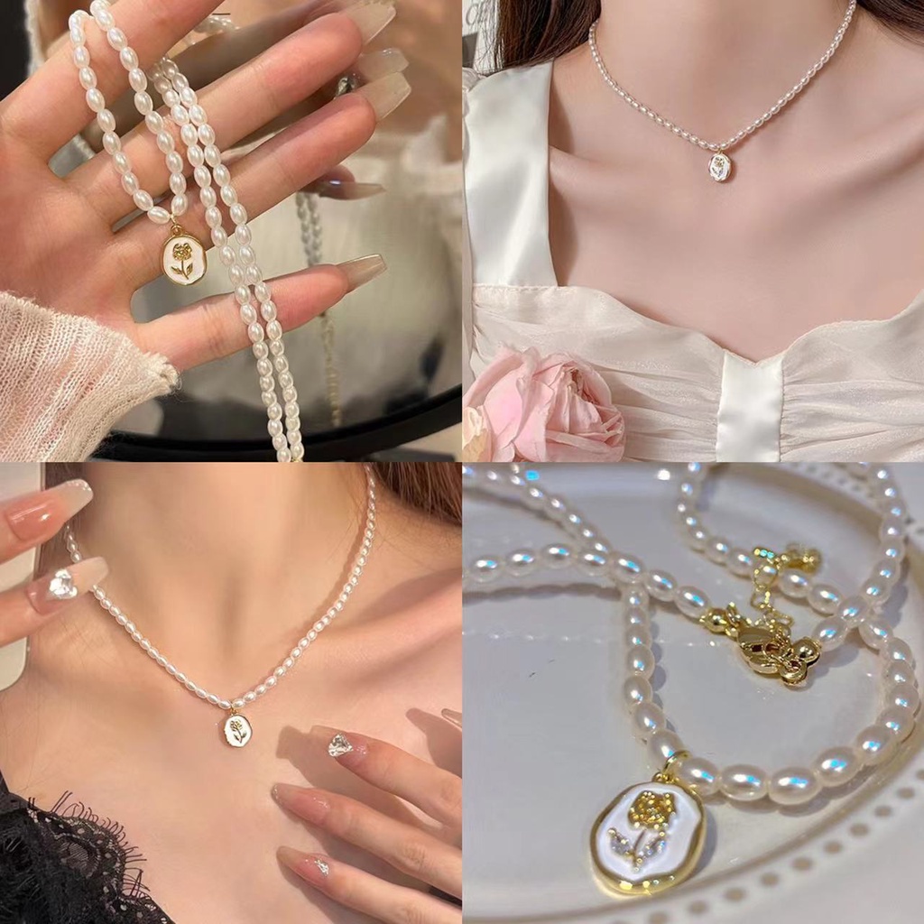 Kalung Mutiara Bunga Perempuan Desain Mewah Ringan Rantai Sweater Retro Prancis2023Model Baru