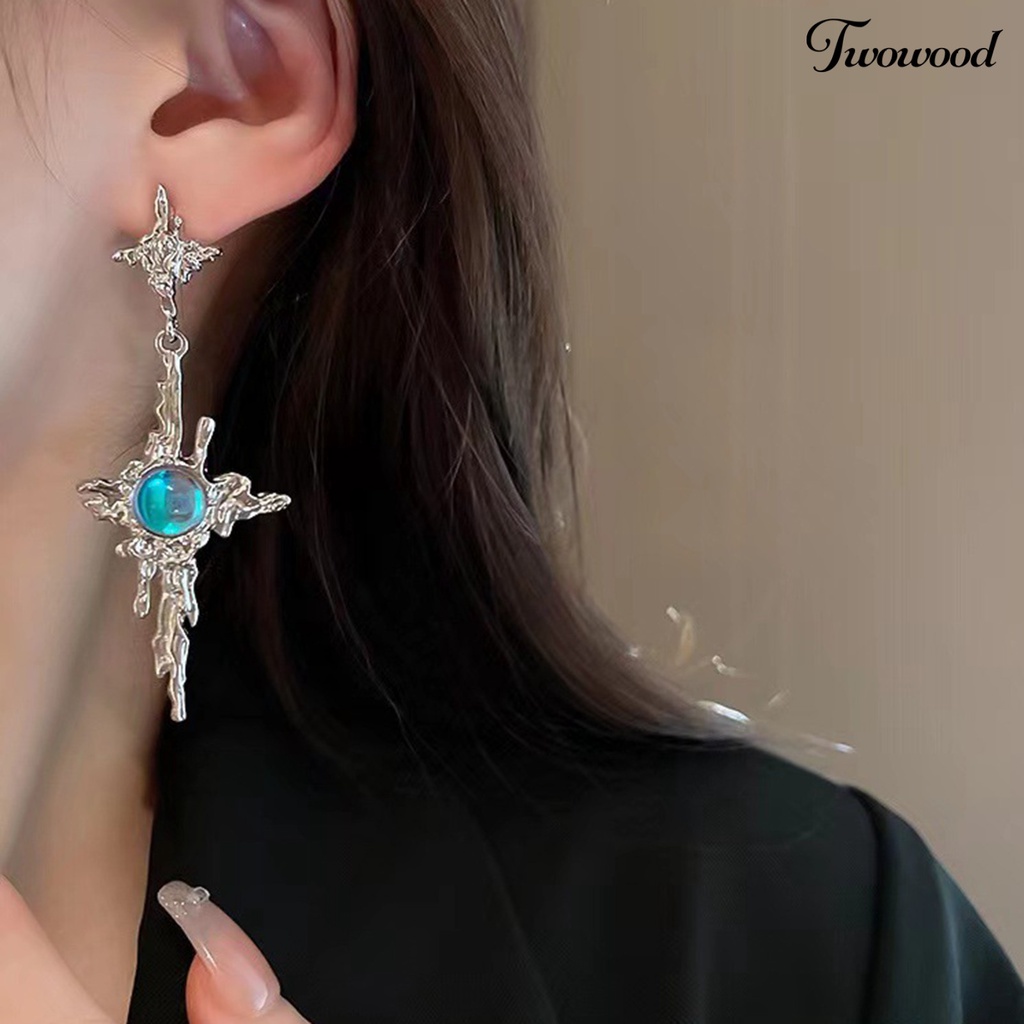 Twowood 1pasang Drop Earrings Tidak Teratur Logam Cair Panjang Rumbai Hip Hop Kilau Terang Hias Hadiah Wanita Salib Faux Moonstone Pendant Stud Earrings Perhiasan Aksesori Fashion