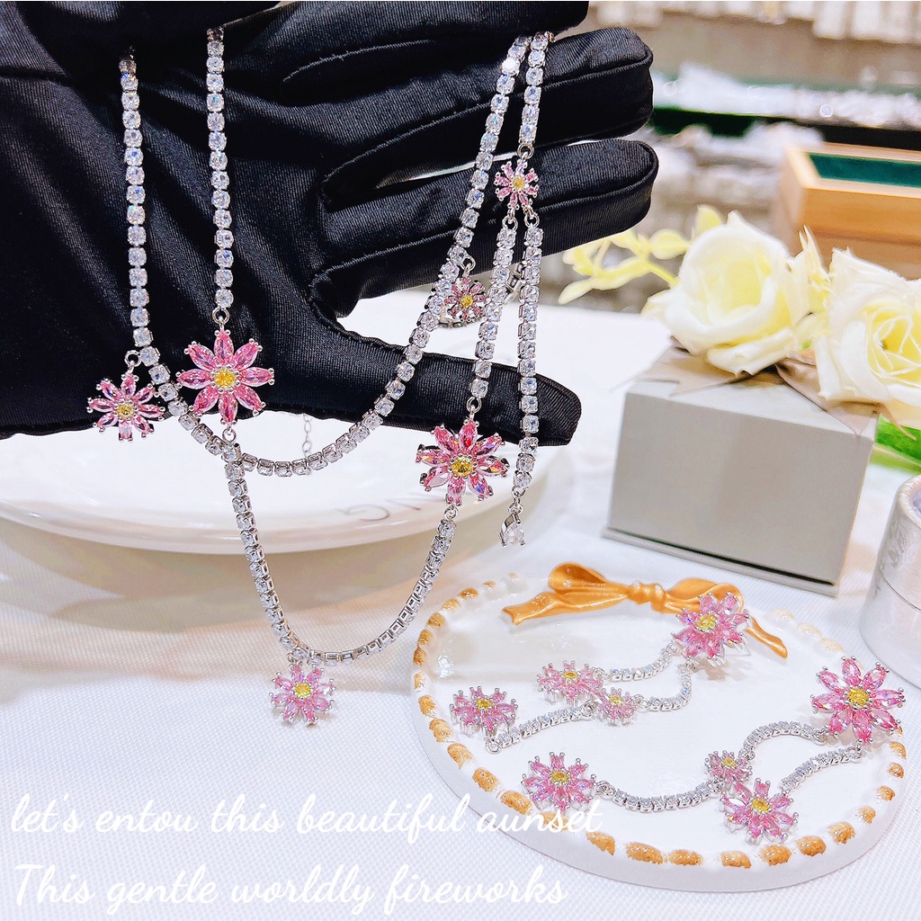 Goldkingdom Fashion Perhiasan Aksesoris Ready Stock Desainer Merah Muda Daisy Berpohon Anting, Anting, Industri Berat, High-end Multi-Layer Kalung, Es Peri Dongeng Set